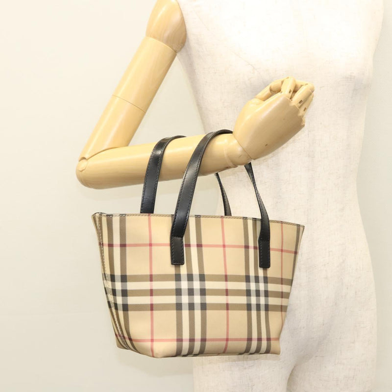 BURBERRY Nova Check Hand Bag PVC Beige Silver Auth am8055