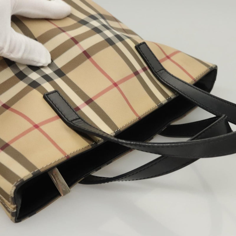 BURBERRY Nova Check Hand Bag PVC Beige Silver Auth am8055