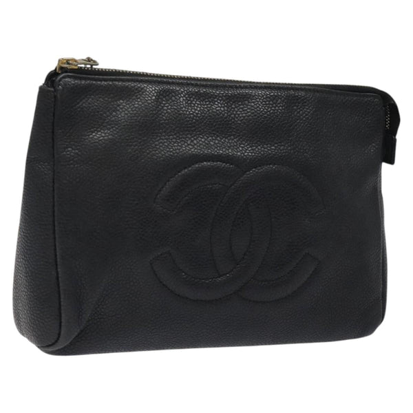 CHANEL COCO Mark Pouch Caviar Skin Black CC Auth am8059