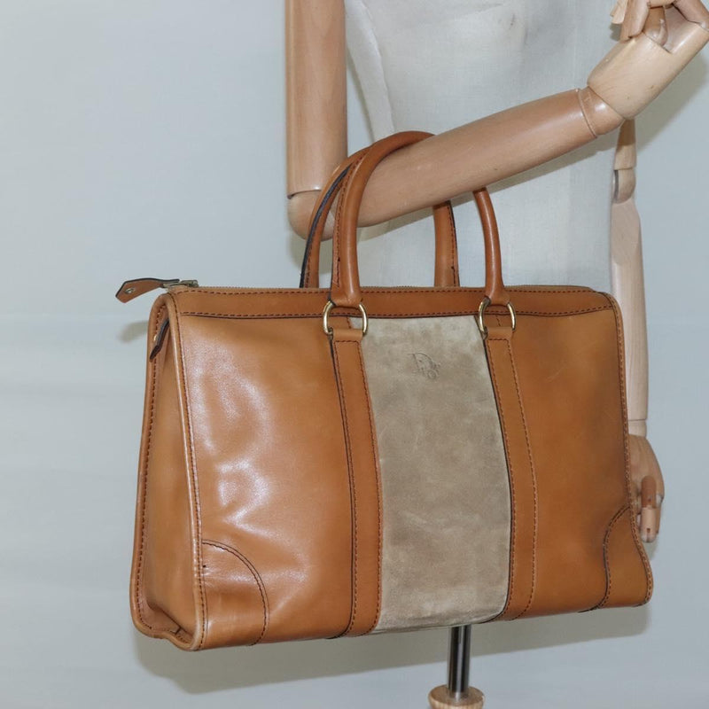 Christian Dior Hand Bag Suede Leather Brown Gold Auth am8098