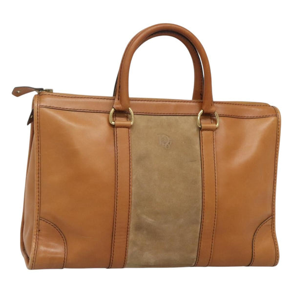 Christian Dior Hand Bag Suede Leather Brown Gold Auth am8098