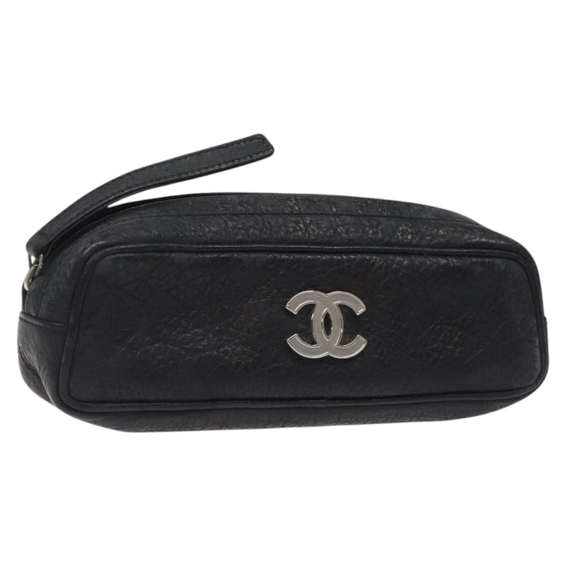 CHANEL COCO Mark Pouch Leather Black CC Auth am8200