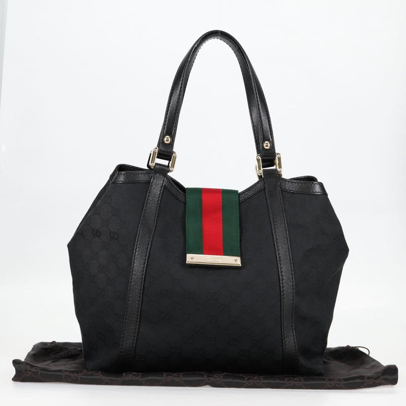 GUCCI GG Canvas Web Sherry Line Tote Bag Black Red Green 233607 Auth am8203A