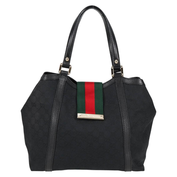 GUCCI GG Canvas Web Sherry Line Tote Bag Black Red Green 233607 Auth am8203A