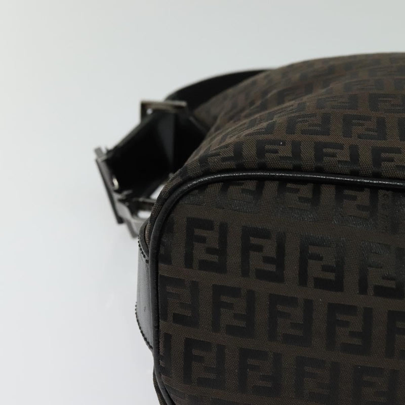 FENDI Zucchino Canvas Shoulder Bag Brown Silver Auth am8251