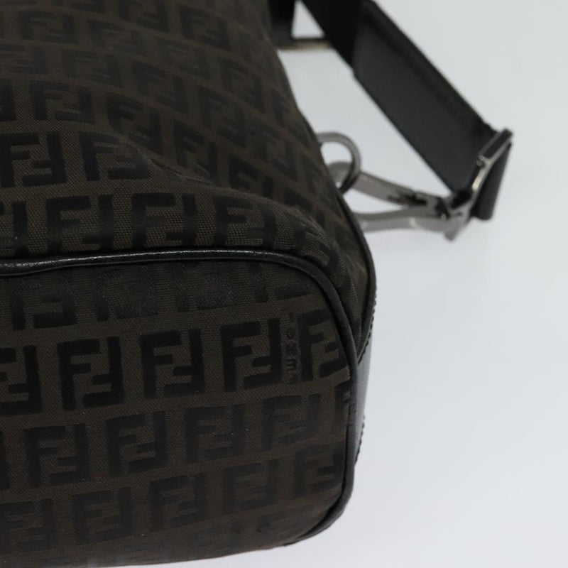 FENDI Zucchino Canvas Shoulder Bag Brown Silver Auth am8251