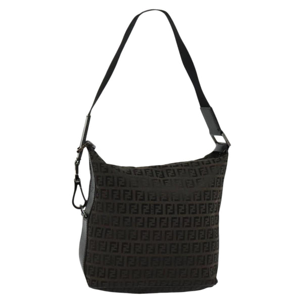 FENDI Zucchino Canvas Shoulder Bag Brown Silver Auth am8251