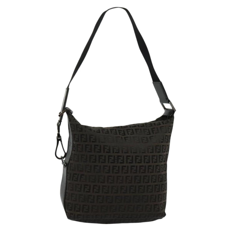 FENDI Zucchino Canvas Shoulder Bag Brown Silver Auth am8251