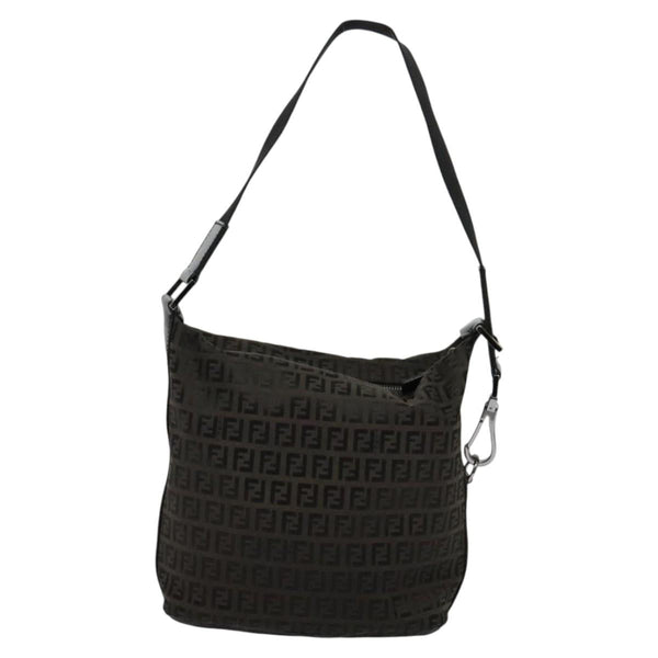 FENDI Zucchino Canvas Shoulder Bag Brown Silver Auth am8251