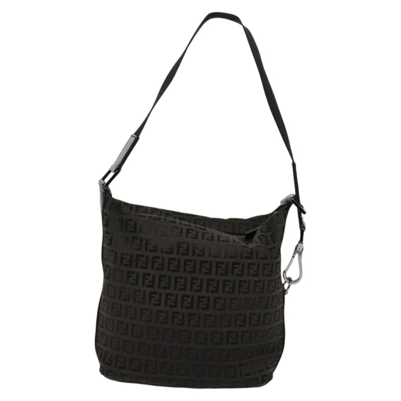 FENDI Zucchino Canvas Shoulder Bag Brown Silver Auth am8251