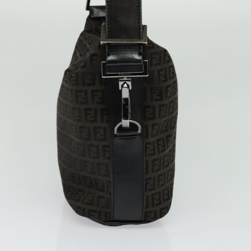 FENDI Zucchino Canvas Shoulder Bag Brown Silver Auth am8251