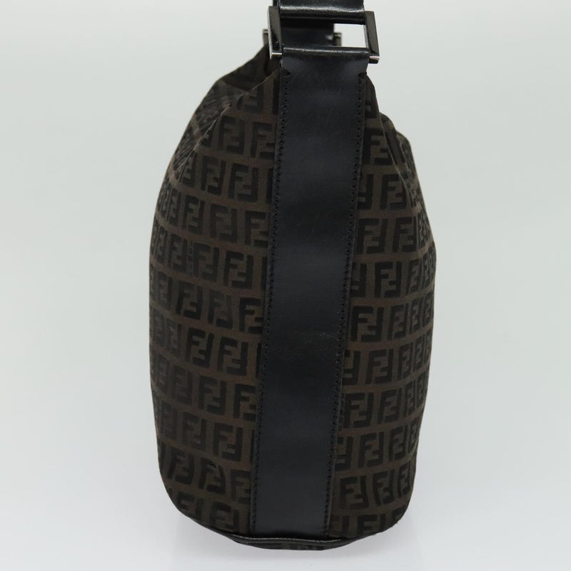 FENDI Zucchino Canvas Shoulder Bag Brown Silver Auth am8251