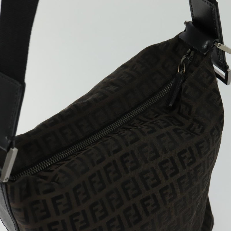 FENDI Zucchino Canvas Shoulder Bag Brown Silver Auth am8251