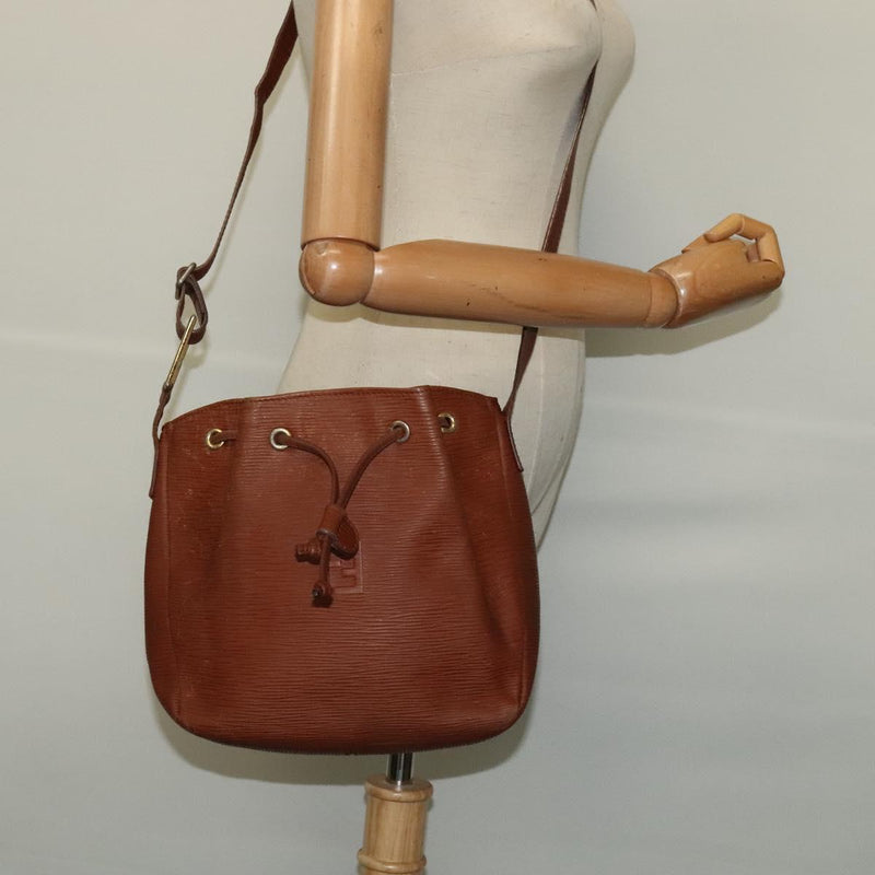 FENDI Shoulder Bag Leather Brown Gold Auth am8357