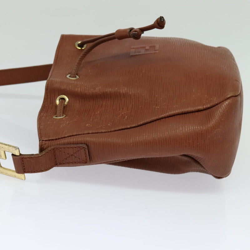 FENDI Shoulder Bag Leather Brown Gold Auth am8357