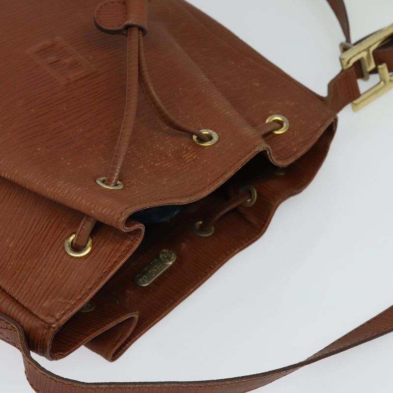 FENDI Shoulder Bag Leather Brown Gold Auth am8357