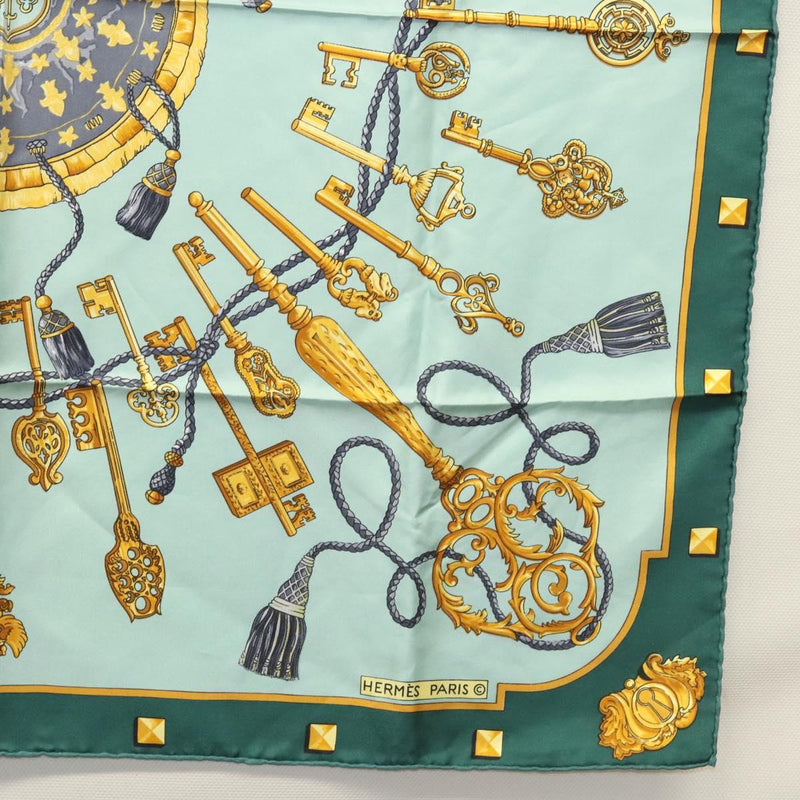 HERMES Carre 90 Scarf ""LES CAVALIERS D OR""  Silk Emerald Green Auth ar13383