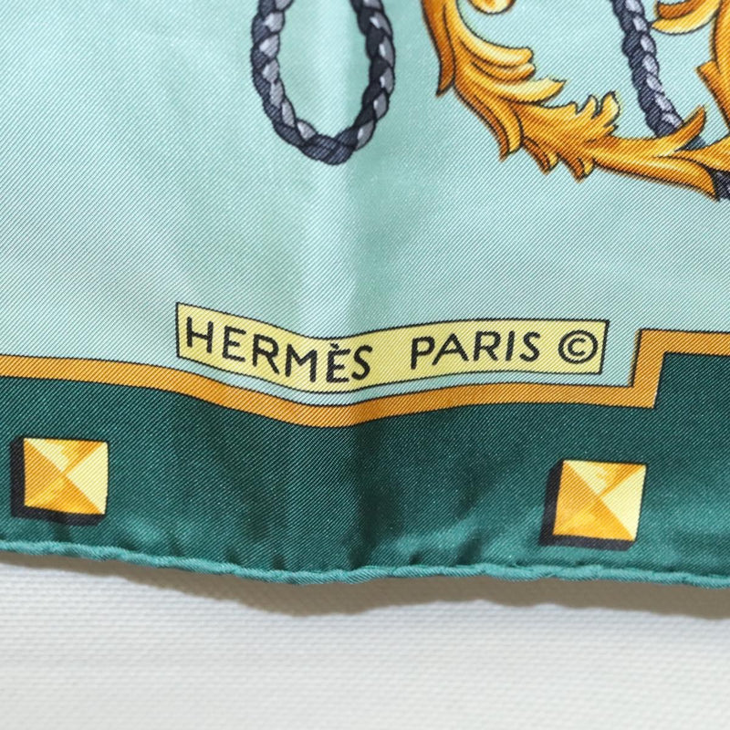 HERMES Carre 90 Scarf ""LES CAVALIERS D OR""  Silk Emerald Green Auth ar13383