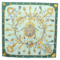 HERMES Carre 90 Scarf ""LES CAVALIERS D OR""  Silk Emerald Green Auth ar13383
