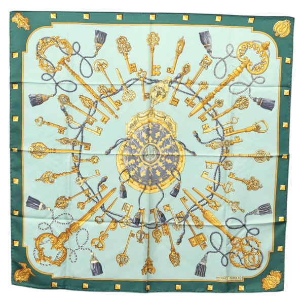 HERMES Carre 90 Scarf ""LES CAVALIERS D OR""  Silk Emerald Green Auth ar13383