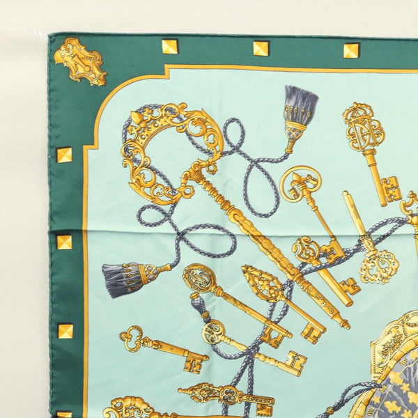 HERMES Carre 90 Scarf ""LES CAVALIERS D OR""  Silk Emerald Green Auth ar13383
