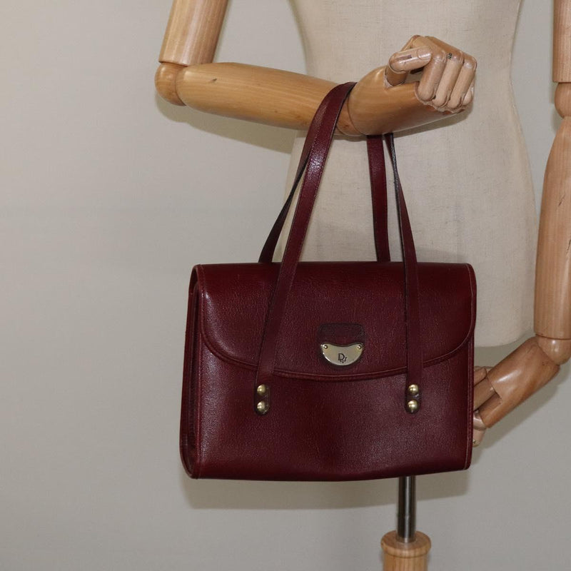 Christian Dior Hand Bag Leather Wine Red Gold Auth BA1154