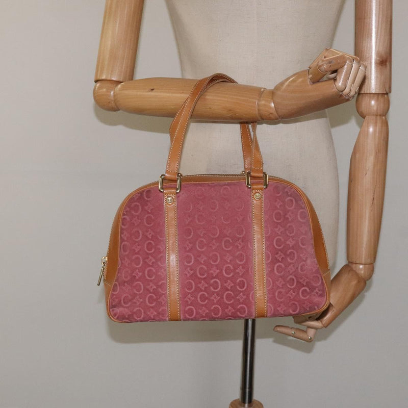 CELINE C Macadam Canvas Hand Bag Suede Pink Gold Auth BA1225