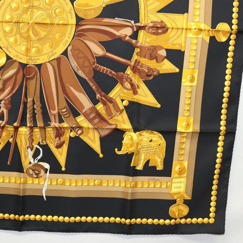 HERMES Carre 90 Scarf ""CUILLERS D'AFRIQUE""  Silk Black Yellow Auth BA1230