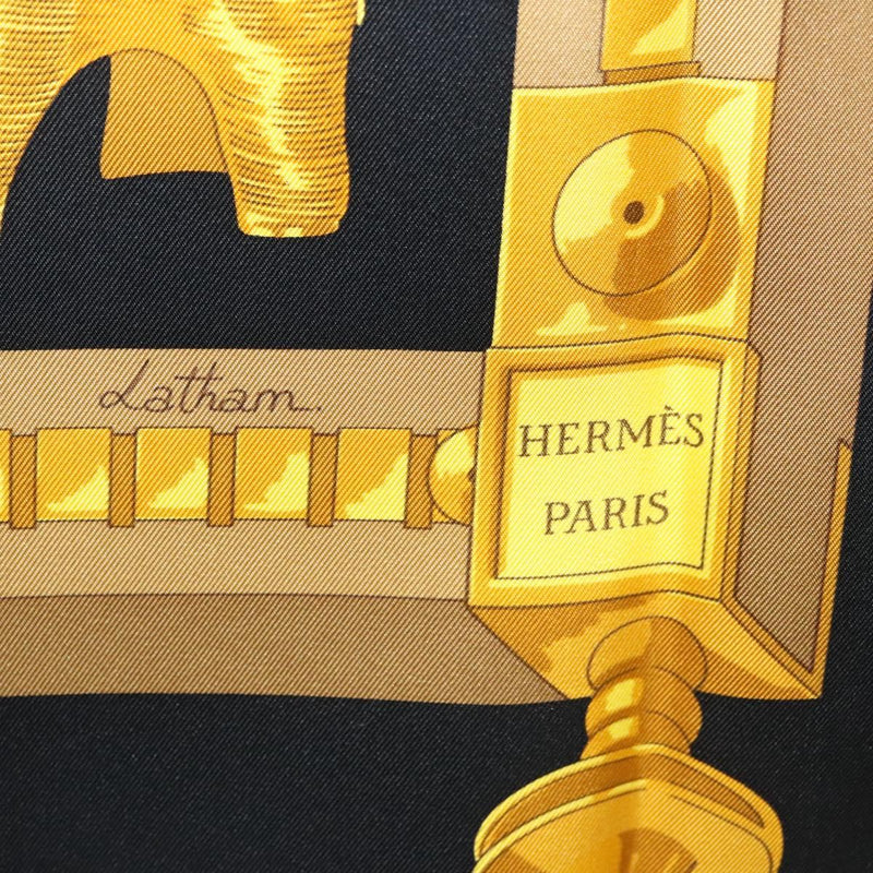 HERMES Carre 90 Scarf ""CUILLERS D'AFRIQUE""  Silk Black Yellow Auth BA1230