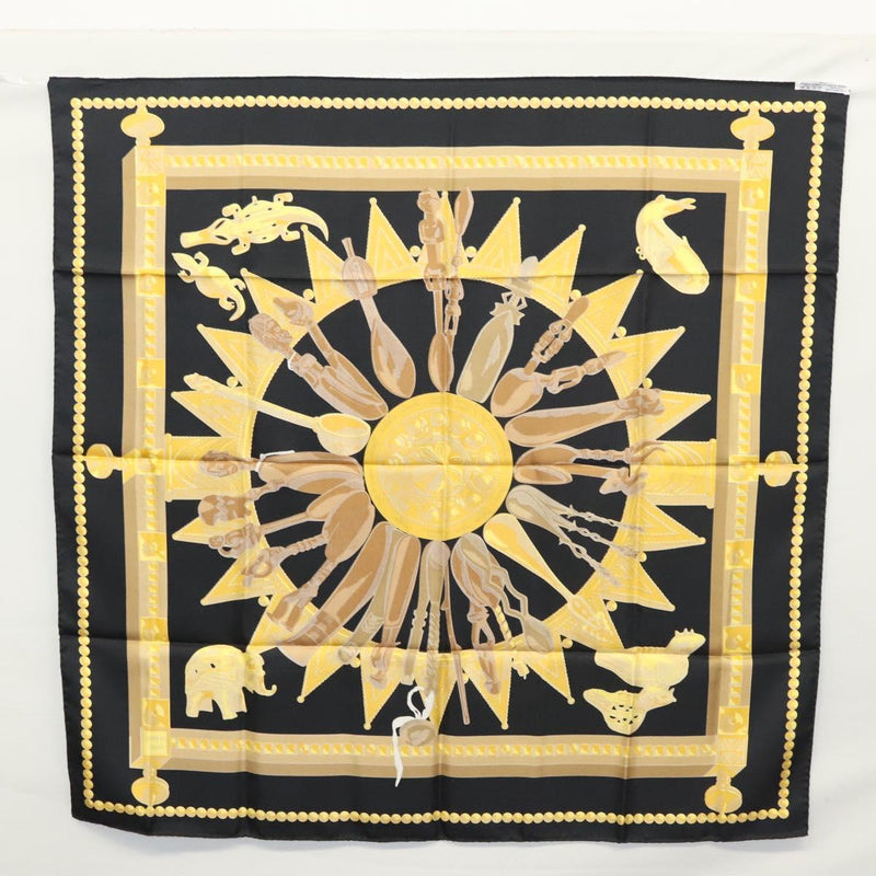 HERMES Carre 90 Scarf ""CUILLERS D'AFRIQUE""  Silk Black Yellow Auth BA1230