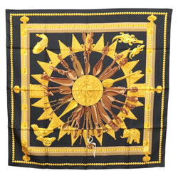 HERMES Carre 90 Scarf ""CUILLERS D'AFRIQUE""  Silk Black Yellow Auth BA1230