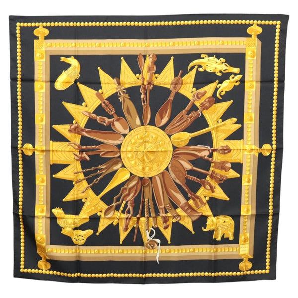 HERMES Carre 90 Scarf ""CUILLERS D'AFRIQUE""  Silk Black Yellow Auth BA1230