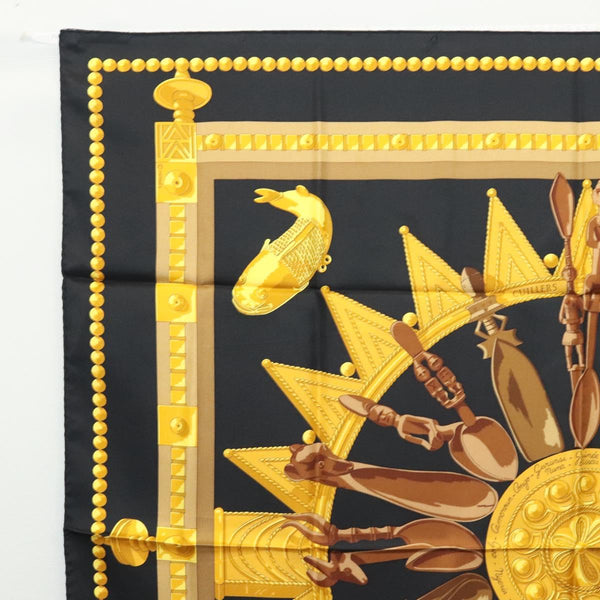 HERMES Carre 90 Scarf ""CUILLERS D'AFRIQUE""  Silk Black Yellow Auth BA1230