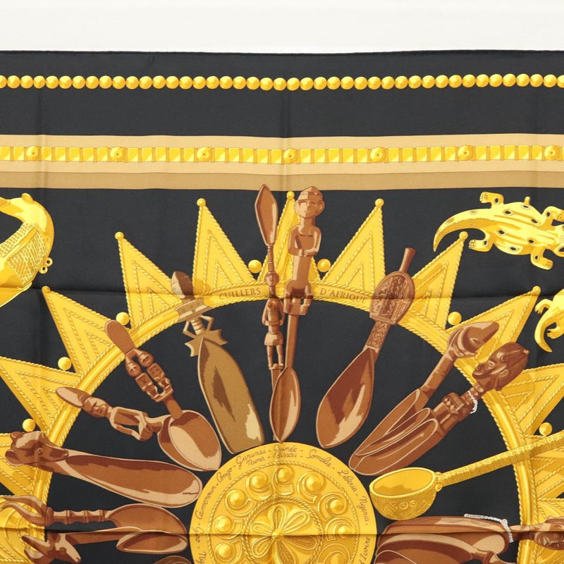 HERMES Carre 90 Scarf ""CUILLERS D'AFRIQUE""  Silk Black Yellow Auth BA1230