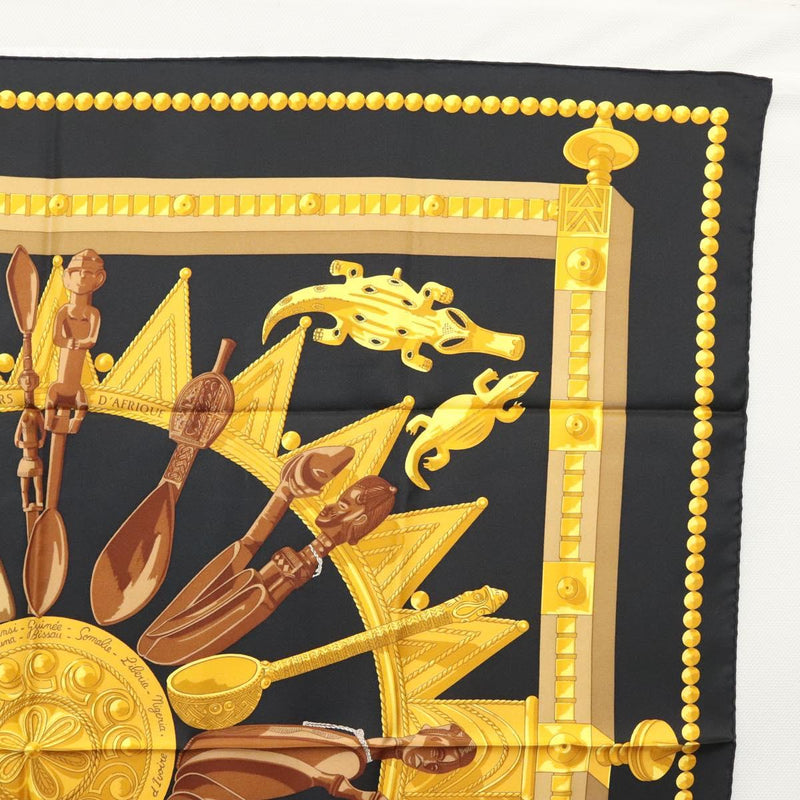 HERMES Carre 90 Scarf ""CUILLERS D'AFRIQUE""  Silk Black Yellow Auth BA1230