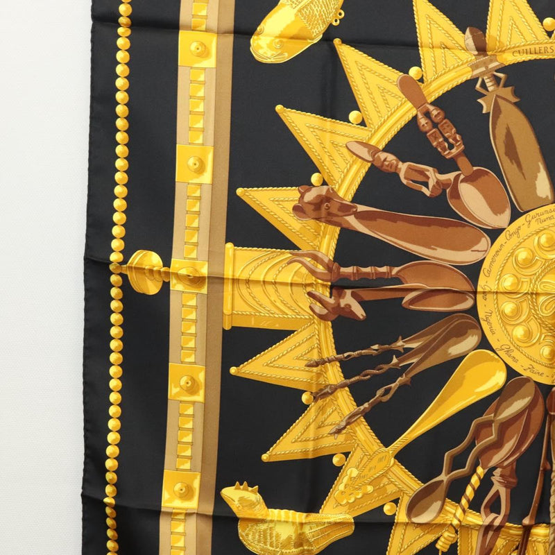 HERMES Carre 90 Scarf ""CUILLERS D'AFRIQUE""  Silk Black Yellow Auth BA1230