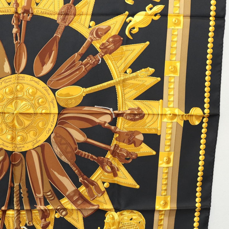HERMES Carre 90 Scarf ""CUILLERS D'AFRIQUE""  Silk Black Yellow Auth BA1230