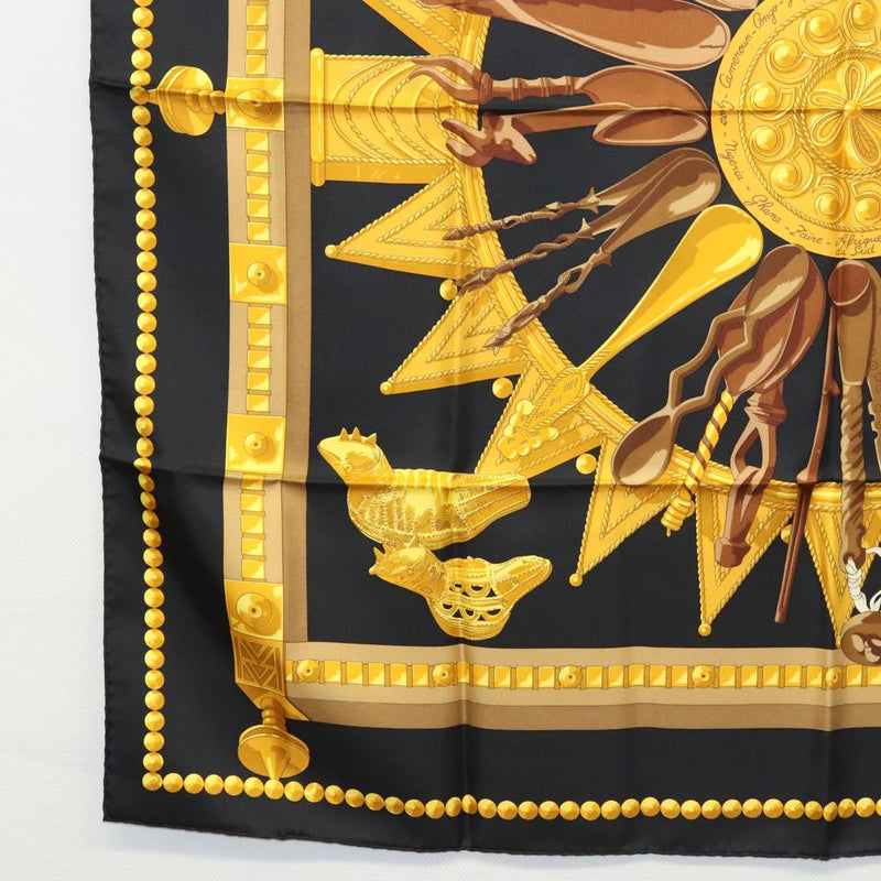HERMES Carre 90 Scarf ""CUILLERS D'AFRIQUE""  Silk Black Yellow Auth BA1230