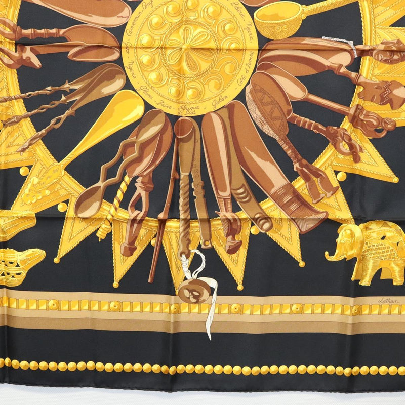 HERMES Carre 90 Scarf ""CUILLERS D'AFRIQUE""  Silk Black Yellow Auth BA1230