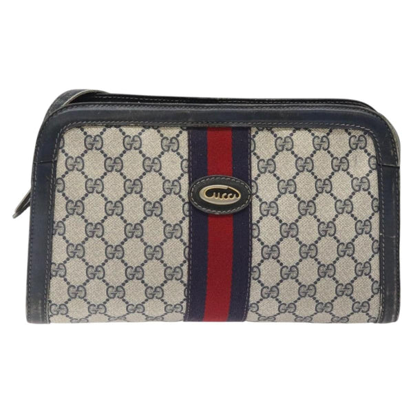 GUCCI GG Supreme Sherry Line Shoulder Bag PVC Navy Gold Auth BA1242