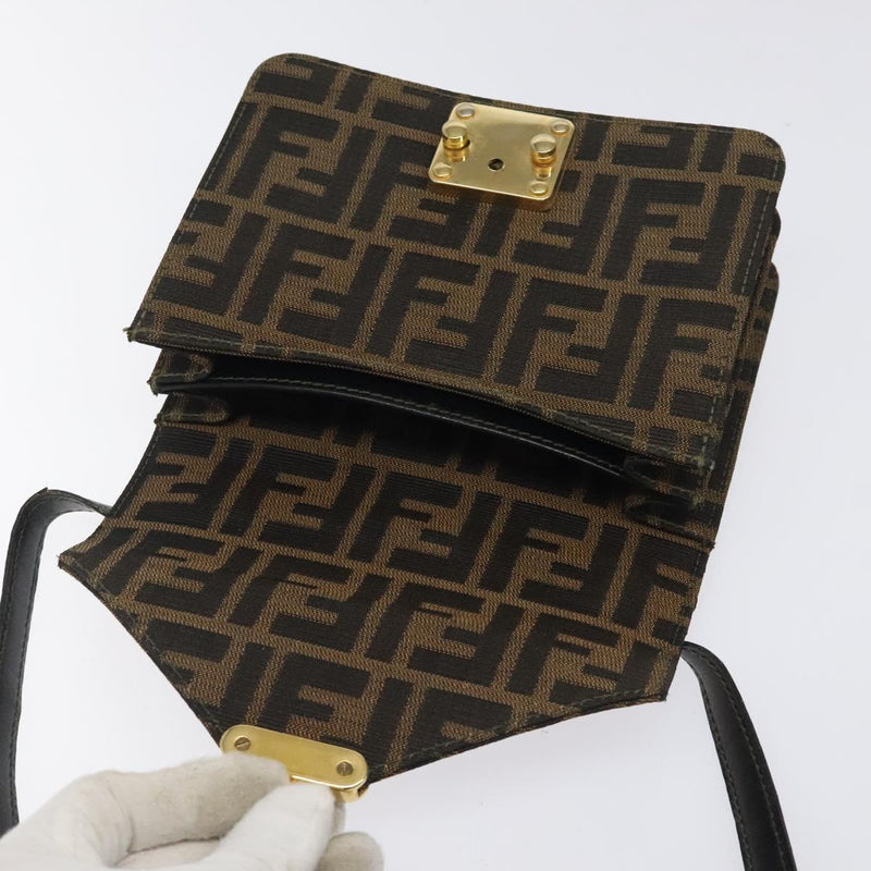 FENDI Zucca Canvas Shoulder Bag Black Brown gold Auth BA1255