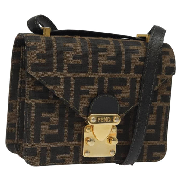 FENDI Zucca Canvas Shoulder Bag Black Brown gold Auth BA1255