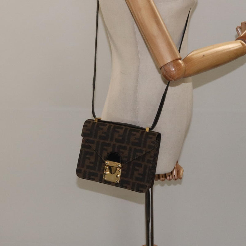 FENDI Zucca Canvas Shoulder Bag Black Brown gold Auth BA1255