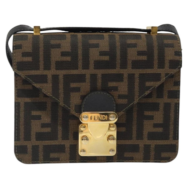 FENDI Zucca Canvas Shoulder Bag Black Brown gold Auth BA1255