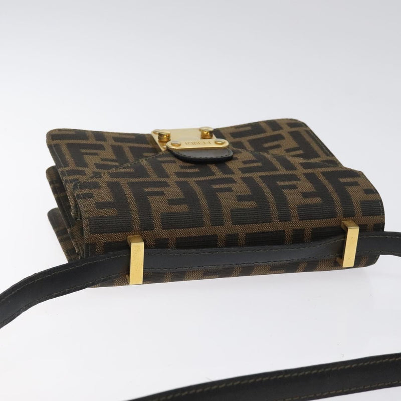 FENDI Zucca Canvas Shoulder Bag Black Brown gold Auth BA1255