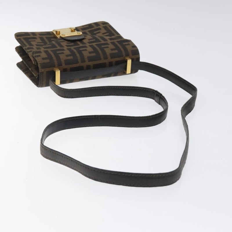 FENDI Zucca Canvas Shoulder Bag Black Brown gold Auth BA1255
