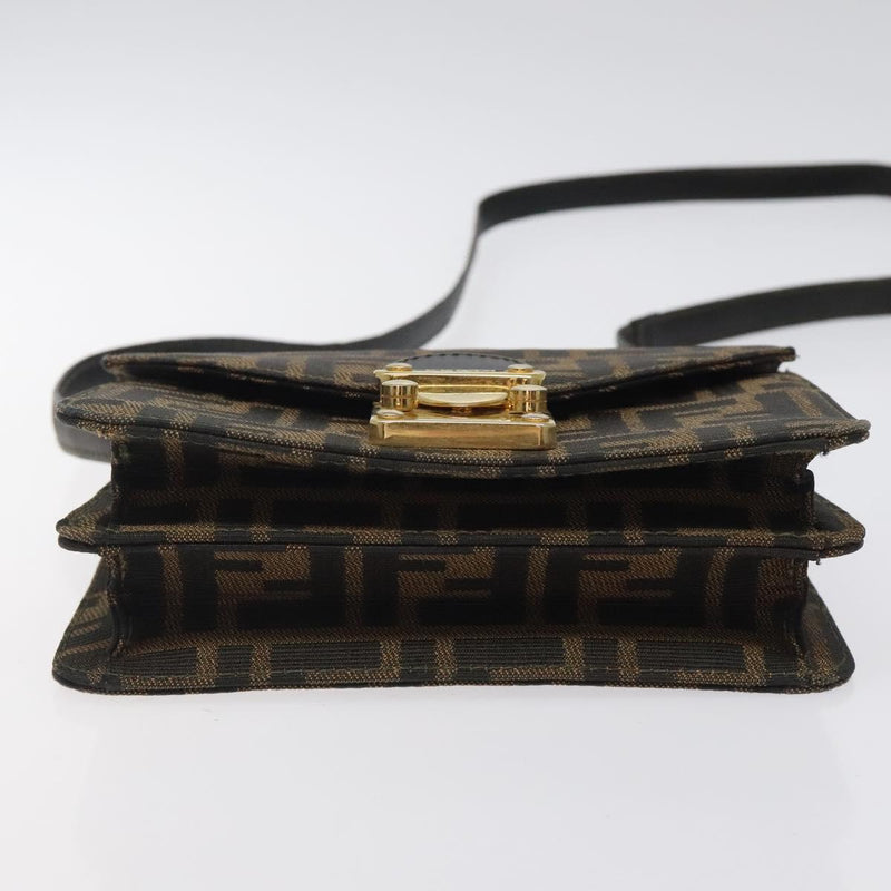 FENDI Zucca Canvas Shoulder Bag Black Brown gold Auth BA1255