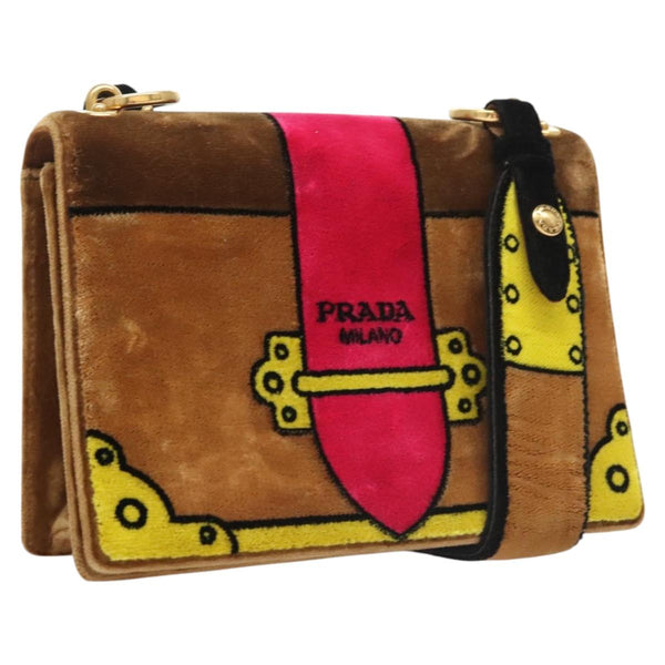 PRADA Shoulder Bag Velor Brown Gold Auth BA1261AM
