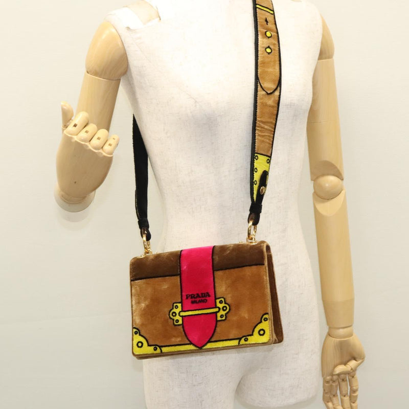 PRADA Shoulder Bag Velor Brown Gold Auth BA1261AM
