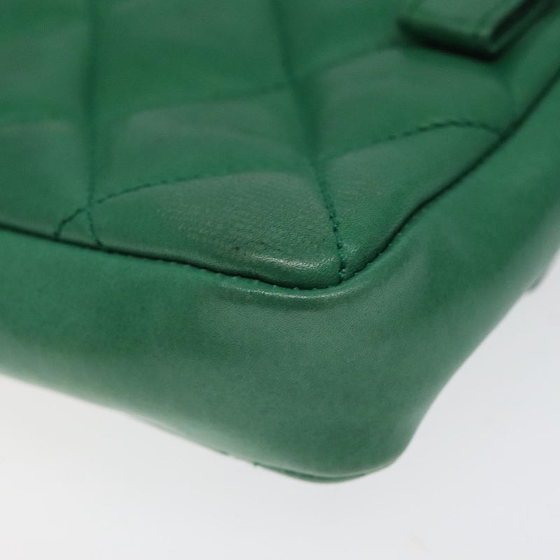 CHANEL Matelasse Pouch Lamb Skin Green Gold CC Auth BA1293